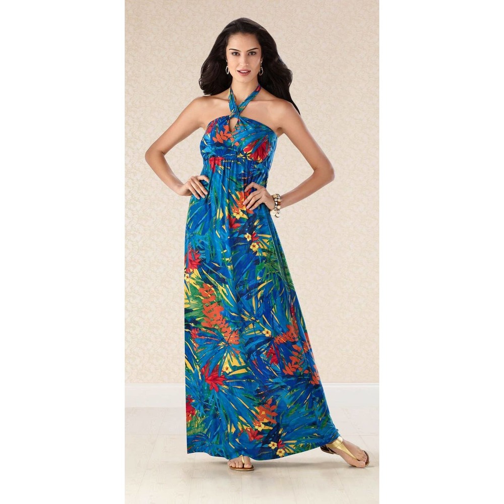 Soma Blue Tropical Halter Maxi Dress with Red & Yellow Accents - Picture 7 of 13